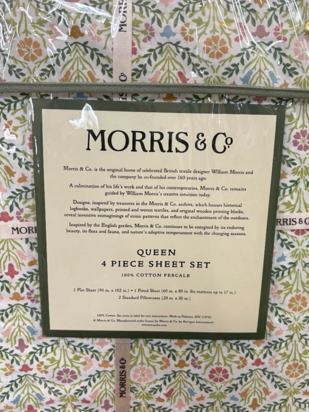 William MORRIS & CO. QUEEN Sheet Set Bellflowers 100% Cotton Percale 4pcs - NEW